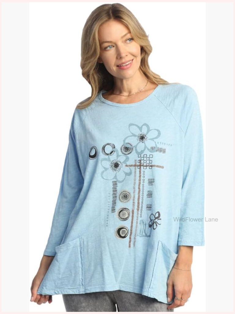 Coloring Mineral Washed Patch Pocket Cotton Tunic, 3/4 Sleeve